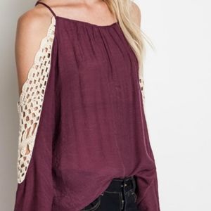 🔥Crochet Cold Shoulder Top Maroon Size Lg
